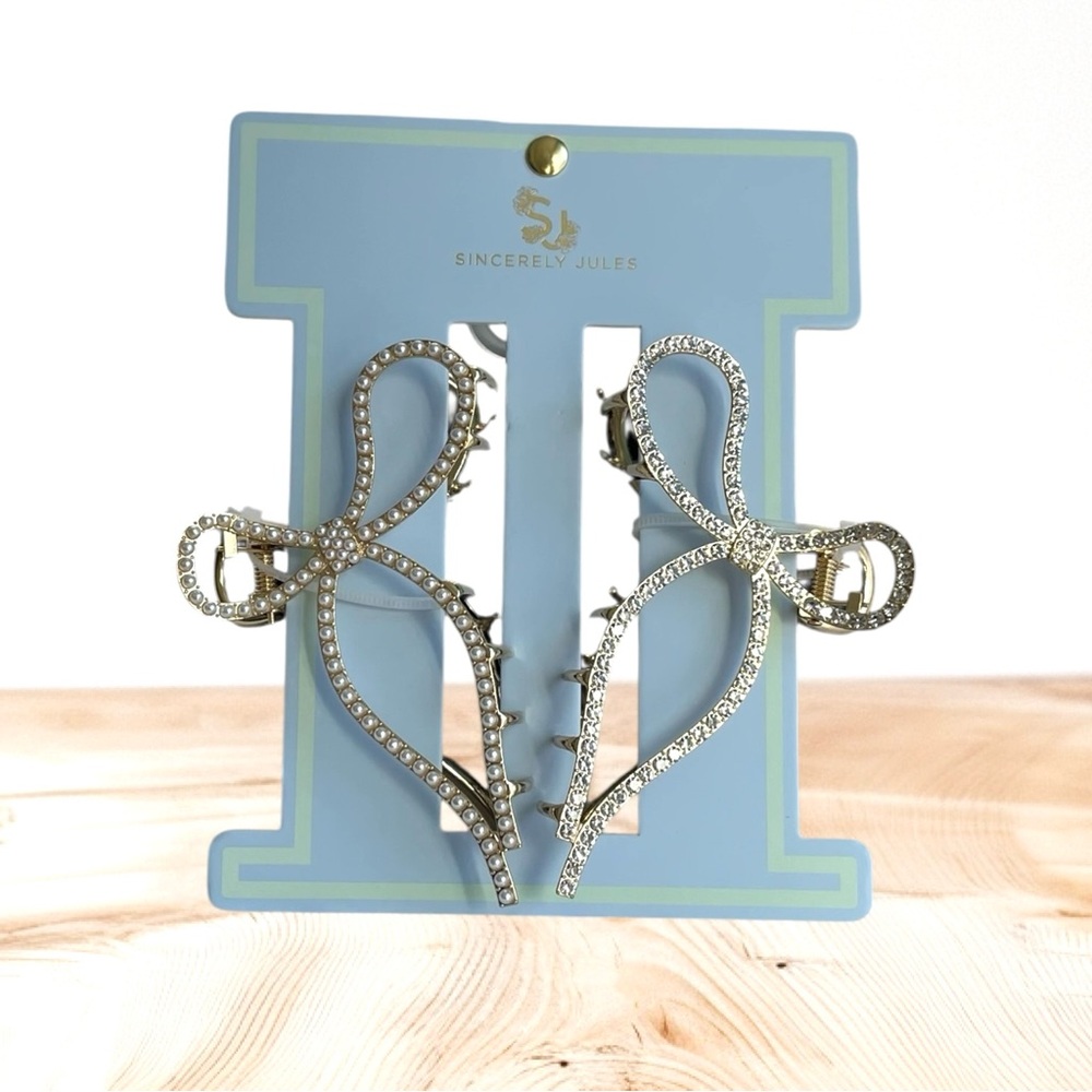 Sincerly Jules Silver Rhinestone Bow Hair Clips
